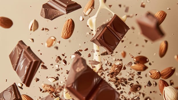 Nuts and chocolate splash, food dessert and confectionery industry