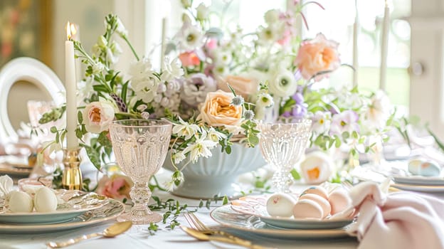 Easter tablescape decoration, floral holiday table decor for family celebration, spring flowers, Easter eggs, Easter bunny and vintage dinnerware, English country and home styling