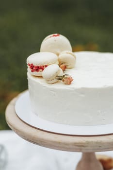 A beautifully decorated white cake featuring a variety of vibrant macaroons arranged on top, creating a stunning and delectable dessert centerpiece.