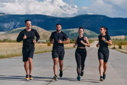 A professional athletic team as they train rigorously, running towards peak performance in preparation for an upcoming marathon.