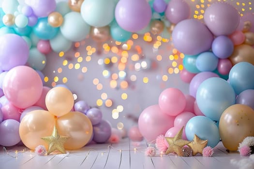 A colorful room with a lot of balloons and stars. The balloons are in different colors and sizes, and the stars are scattered around the room. Scene is cheerful and festive
