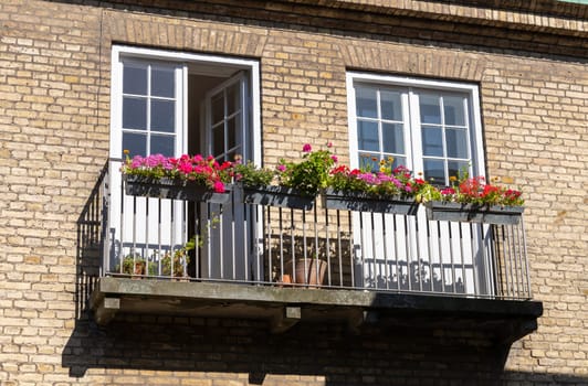 Cozy balcony with flowers in a brick house. High quality photo