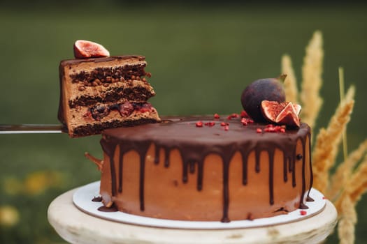 A luscious chocolate cake topped with ripe figs, creating a harmonious blend of rich flavors and textures.