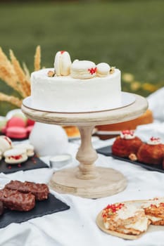 A table in a park adorned with a variety of delicious cakes and desserts, surrounded by nature and beauty.