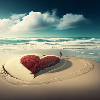 Red heart on the sand on the beach by the sea. Heart as a symbol of affection and love. The time of falling in love and love.