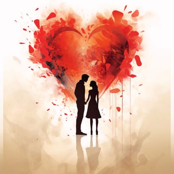 Black silhouette of a couple in the background of a red heart around a light background. Heart as a symbol of affection and love. The time of falling in love and love.