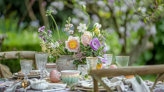 Easter tablescape decoration, floral holiday table decor for family celebration, spring flowers, Easter eggs, Easter bunny and vintage dinnerware, English country and home styling