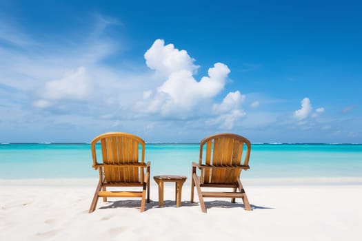 A pair of wooden lounge chairs facing the calm, turquoise sea on a pristine white sand beach under a clear blue sky - Generative AI
