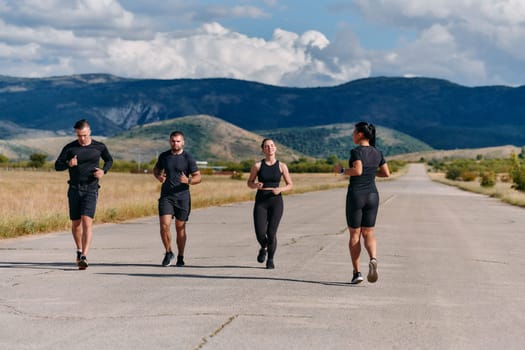 A professional athletic team as they train rigorously, running towards peak performance in preparation for an upcoming marathon.