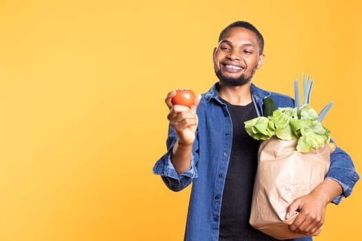 Young person smiling and posing with a ripe fresh tomato, admiring eco friendly produce from local grocery store. Model holding a paper bag full of bulk products, ethically sourced veggies.