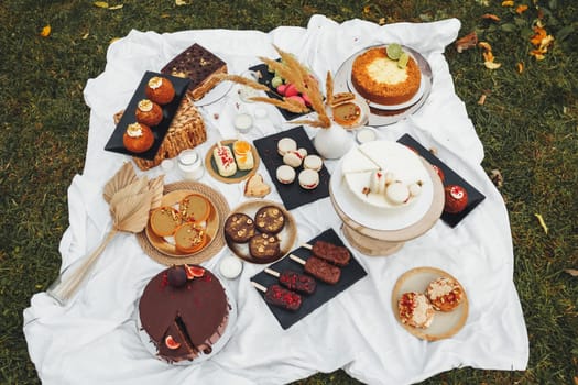 A picnic table adorned with a colorful array of delectable desserts like cakes, pies, cookies, and pastries under the warm sunshine.