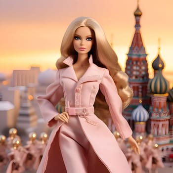 A cute blonde Barbie doll elegantly posed in a pink coat, captured in a front view against a stunningly blurred city background.