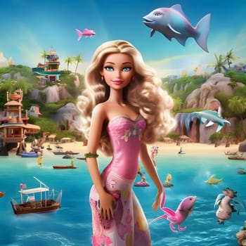 Charming blonde Barbie, donning pink attire, gracefully posing against a scenic beach background. Front view captures her beauty amidst the tranquil coastal landscape.