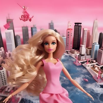 Cute Barbie in pink attire amid the vibrant city backdrop. Her confidence shines as she strikes a pose. Front view captures her charm.