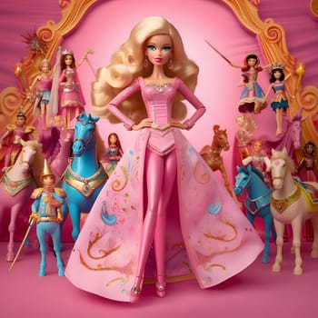 Barbie and her toy friends gathered on a delightful pink background. A playful scene of joy and imagination unfolds. Fun times ahead!