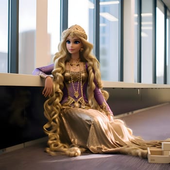 A lovely blonde Barbie dressed as a princess, posing gracefully in front of a backdrop filled with windows. The front view captures the enchanting charm of this scene.