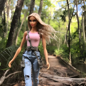 In a picturesque front view, a cute blonde Barbie wearing pink clothing poses gracefully against a lush jungle background, creating a captivating and adventurous scene.