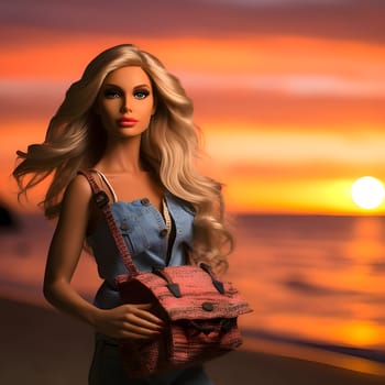In a stunning front view, a cute blonde Barbie wearing beach clothing strikes a pose against a blurred sunset background, capturing the beauty of the moment.