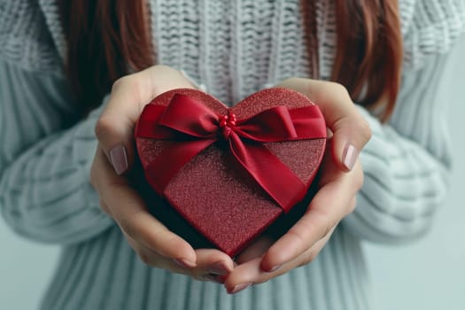 A woman is holding a red heart shaped box with a red ribbon. The woman's hand is holding the box close to her chest, and she seems to be smiling