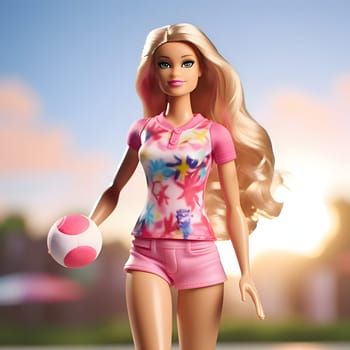 In a charming front view, a cute blonde Barbie, dressed in pink beach clothing, poses playfully with a ball against a blurred background, creating a cheerful and joyful scene.