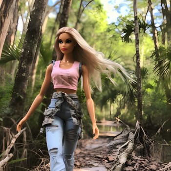 In a picturesque front view, a cute blonde Barbie wearing pink clothing poses gracefully against a lush jungle background, creating a captivating and adventurous scene.