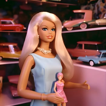 Front view of a cute blonde Barbie doll dressed in a blue outfit, striking a pose against a blurred background of cars.