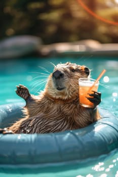 beaver animal is in a pool with a cup in its mouth. The animal is holding the cup and he is enjoying itself