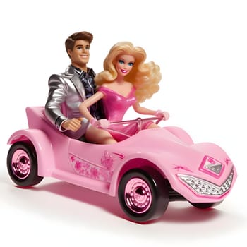 Ken and Barbie dolls riding in a pink car, isolated on a white background.