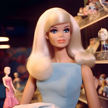 Front view of a cute blonde Barbie doll dressed in a blue outfit, striking a pose against a blurred background.