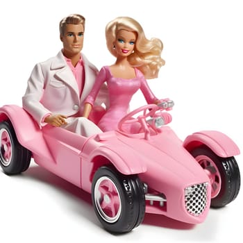 Ken and Barbie dolls riding in a pink car, isolated on a white background.