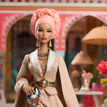 In this front view, a cute blonde Barbie doll is elegantly dressed in Arabic clothing, posing against the backdrop of a beautiful Arabic cityscape.