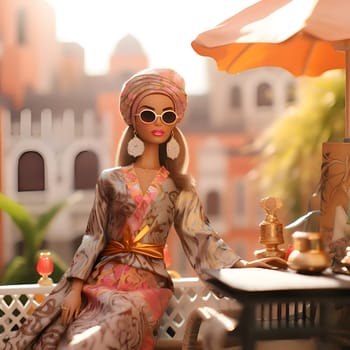 In this front view, a cute blonde Barbie doll, wearing glasses and elegant Arabic clothing, poses gracefully against the backdrop of a stunning Arabic cityscape.