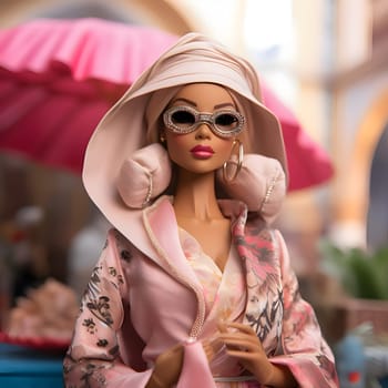 In this front view, a cute blonde Barbie doll, wearing glasses and elegant Arabic clothing, poses gracefully against the backdrop of a stunning Arabic cityscape.