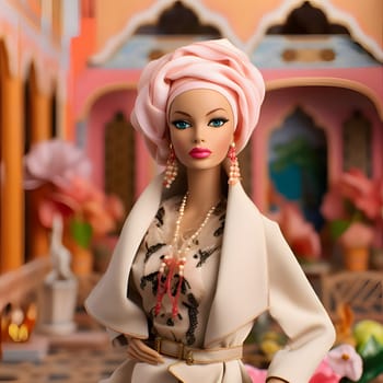 In this front view, a cute blonde Barbie doll is elegantly dressed in Arabic clothing, posing against the backdrop of a beautiful Arabic cityscape.