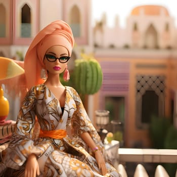 In this front view, a cute blonde Barbie doll, wearing glasses and elegant Arabic clothing, poses gracefully against the backdrop of a stunning Arabic cityscape.