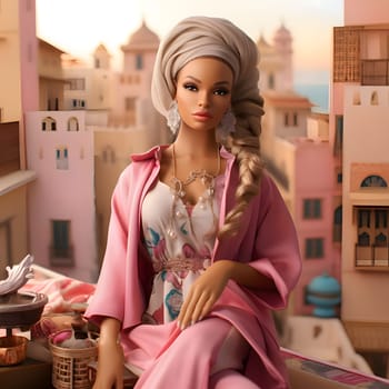 In this front view, a cute blonde Barbie doll is elegantly dressed in Arabic clothing, posing against the backdrop of a beautiful Arabic cityscape.