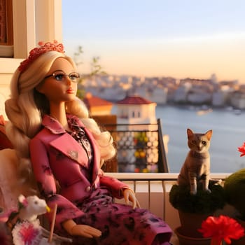In this side view, a cute blonde Barbie doll, dressed in a lovely pink outfit, poses alongside adorable cats, with a bustling cityscape in the background.
