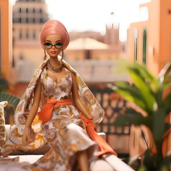 In this front view, a cute blonde Barbie doll, wearing glasses and elegant Arabic clothing, poses gracefully against the backdrop of a stunning Arabic cityscape.