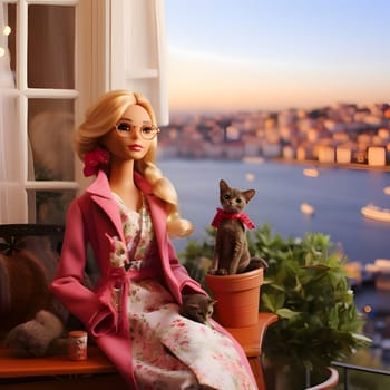 In this side view, a cute blonde Barbie doll, dressed in a lovely pink outfit, poses alongside adorable cats, with a bustling cityscape in the background.