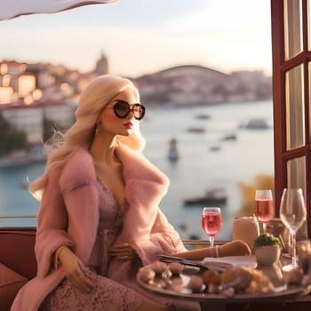 Cute blonde Barbie enjoys her day with drinks in hand, posing stylishly against the city backdrop. Her pink clothing complements the vibrant scene. Side view.