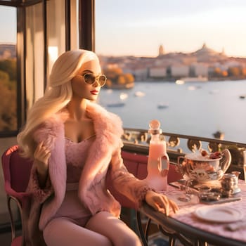 Cute blonde Barbie enjoys her day with drinks in hand, posing stylishly against the city backdrop. Her pink clothing complements the vibrant scene. Side view.