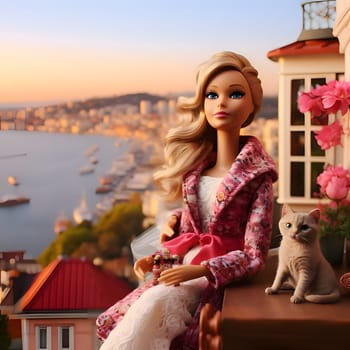 In this side view, a cute blonde Barbie doll, dressed in a lovely pink outfit, poses alongside adorable cats, with a bustling cityscape in the background.