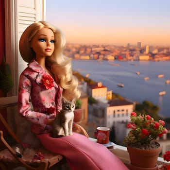 In this side view, a cute blonde Barbie doll, dressed in a lovely pink outfit, poses alongside adorable cats, with a bustling cityscape in the background.