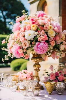 Country wedding, garden and floral decor, beautiful luxurious pink flowers decoration in country style, post-processed, generative ai