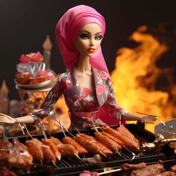 Cute blonde Barbie looks adorable in her pink outfit, standing elegantly near the food table. The background is slightly blurred, giving a dreamy effect to the scene.