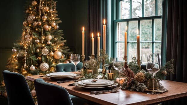 Table decor for festive family dinner at home, holiday tablescape and table setting, formal for wedding, celebration, English countryside and home styling