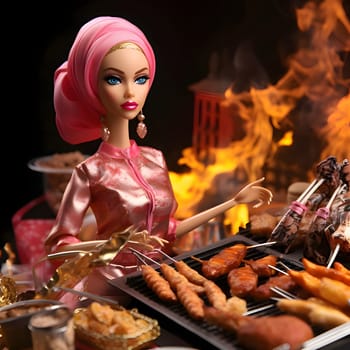 Cute blonde Barbie looks adorable in her pink outfit, standing elegantly near the food table. The background is slightly blurred, giving a dreamy effect to the scene.