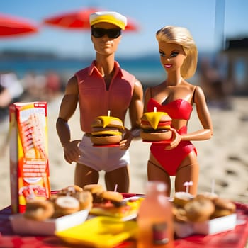 Barbie and Ken enjoy a fun beach day, savoring hamburgers by the food table, surrounded by the sun, sand, and ocean waves.