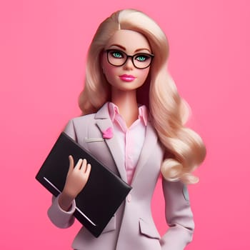 In this adorable illustration, a cute blonde Barbie is dressed in a stylish pink outfit and confidently holds a black briefcase. The vibrant pink background adds to the overall charm of the scene. Front view.