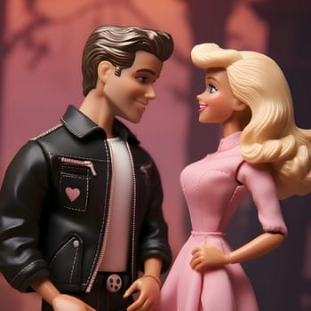 Barbie in pink dress, Ken in leather jacket, sharing a loving gaze. Romantic atmosphere with blurred background.